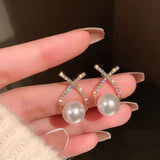 Korean Studded Cross Pearl Stud Earrings Jewellery