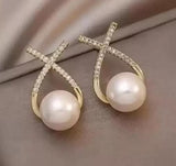 Korean Studded Cross Pearl Stud Earrings Jewellery